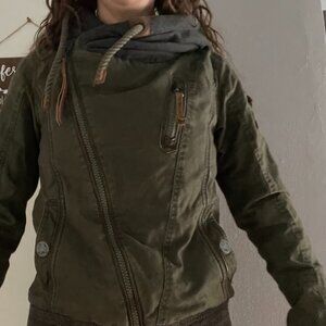 Naketano Asymmetrical Olive Green Diagonal Zip Jacket w/ Hood Size S/M